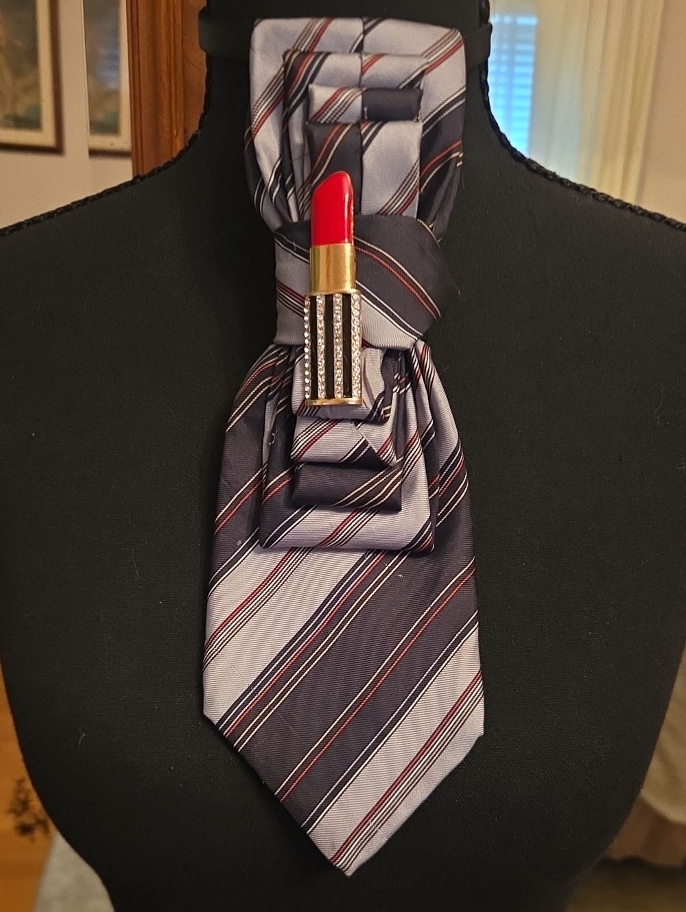 Striped Navy and Gray Men's Tie with Red Lipstick Tie Clip